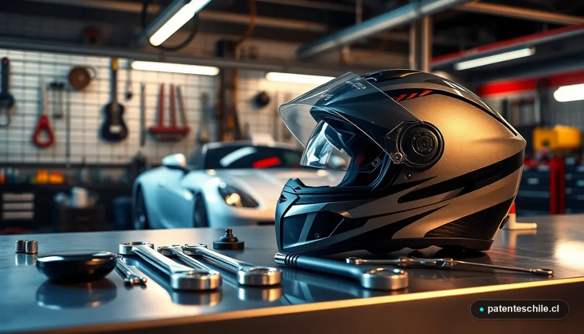 Herramientas profesionales y casco en taller mecánico para mantención de motocicletas en Chile.