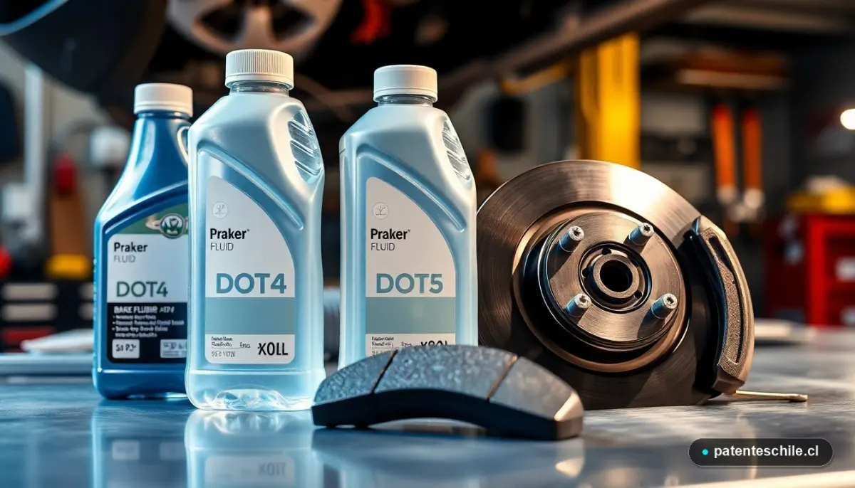 Comparación visual de botellas de líquido de frenos DOT4 y DOT5 junto a un caliper de freno limpio, para entender las diferencias.