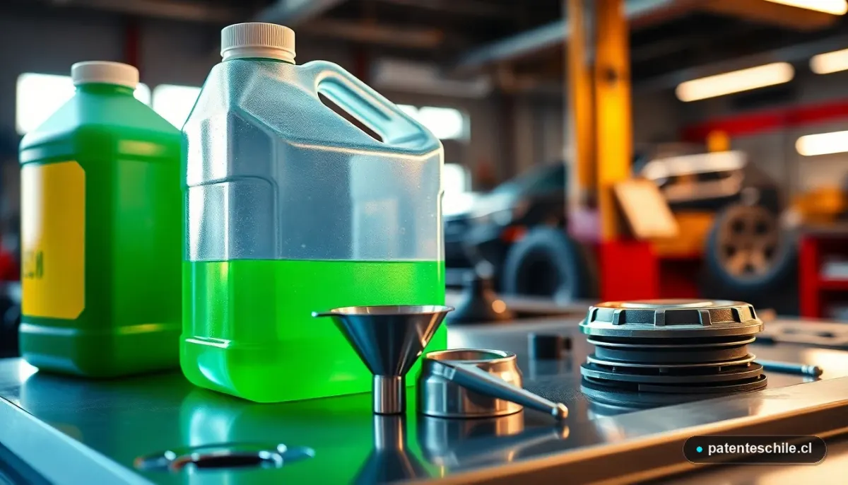 Líquido refrigerante anticongelante y herramientas para el mantenimiento del sistema de refrigeración del auto.