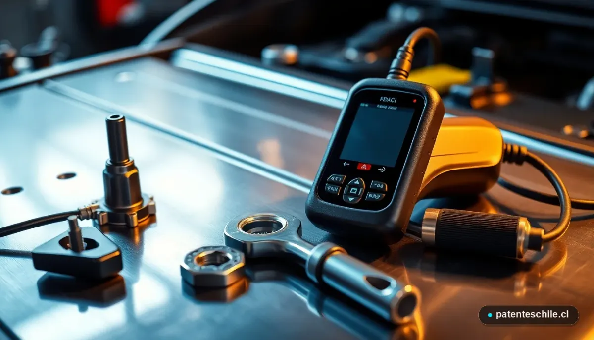 Escáner OBD2 conectado para diagnóstico automotriz en taller, herramientas profesionales sobre mesa metálica.