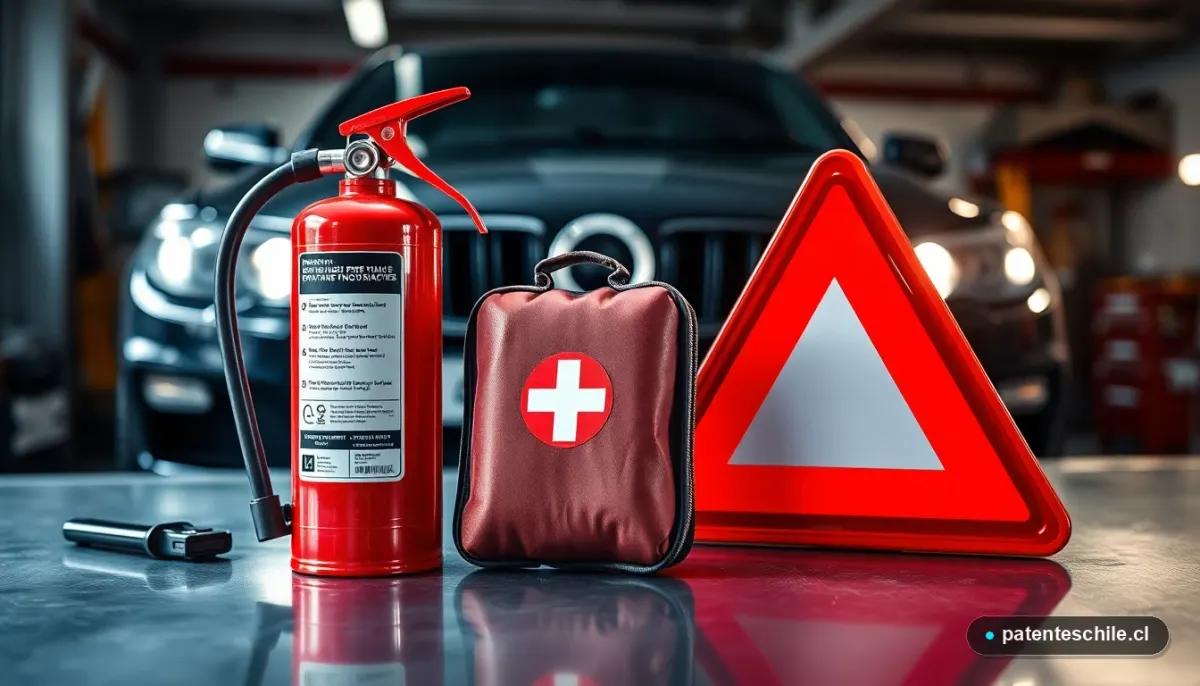 Kit de emergencia vehicular obligatorio en Chile: extintor, botiquín y triángulos de seguridad sobre una mesa de trabajo.