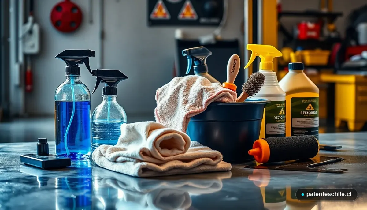 Herramientas y productos profesionales para lavado ecológico de autos en un taller de detailing en Chile.