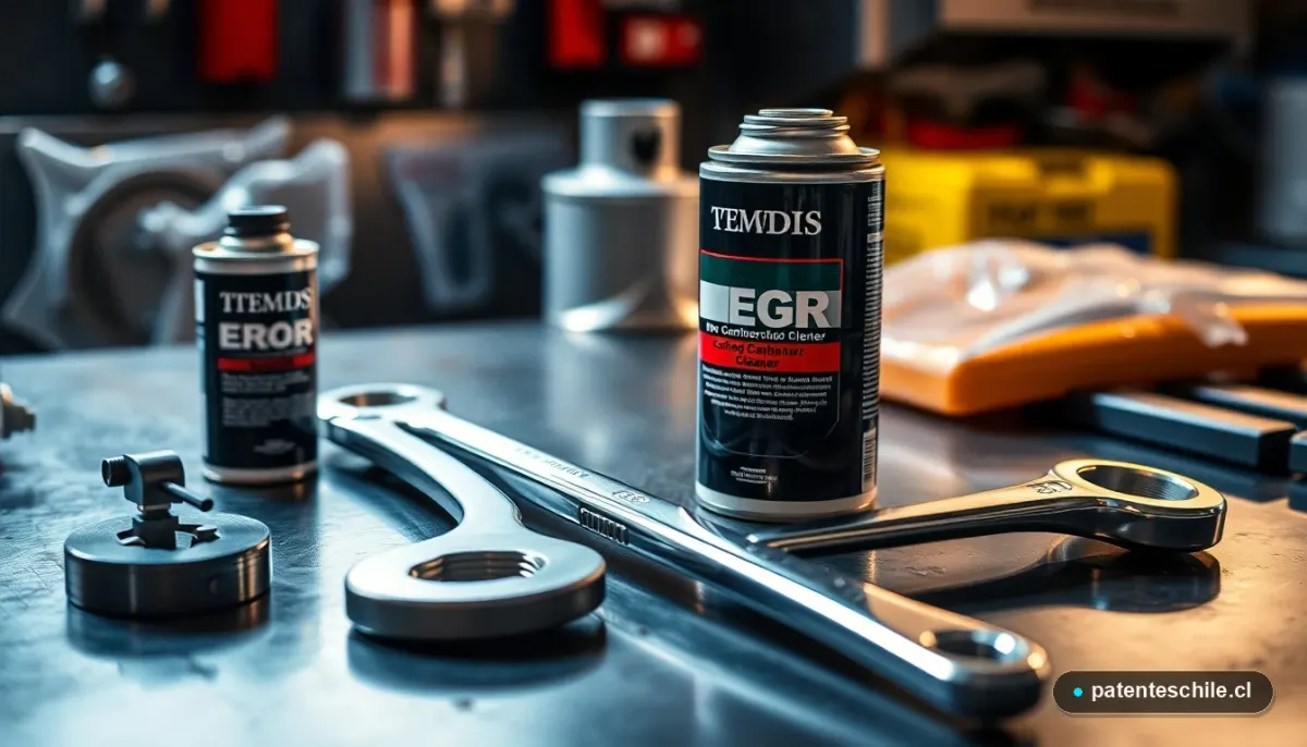 Limpieza de válvula EGR en taller mecánico, herramientas y pieza de automóvil sobre mesa de trabajo.