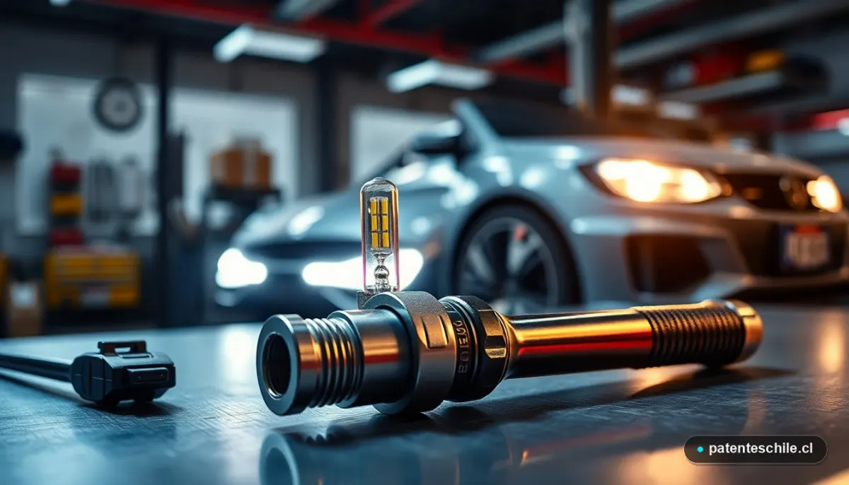 Detalle de una bombilla LED para auto y herramientas en un taller, representando la instalación y homologación correcta.