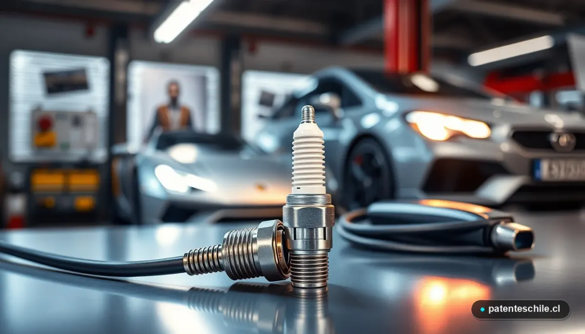 Comparación visual de componentes: cable de carga para auto eléctrico y bujía tradicional en taller chileno.