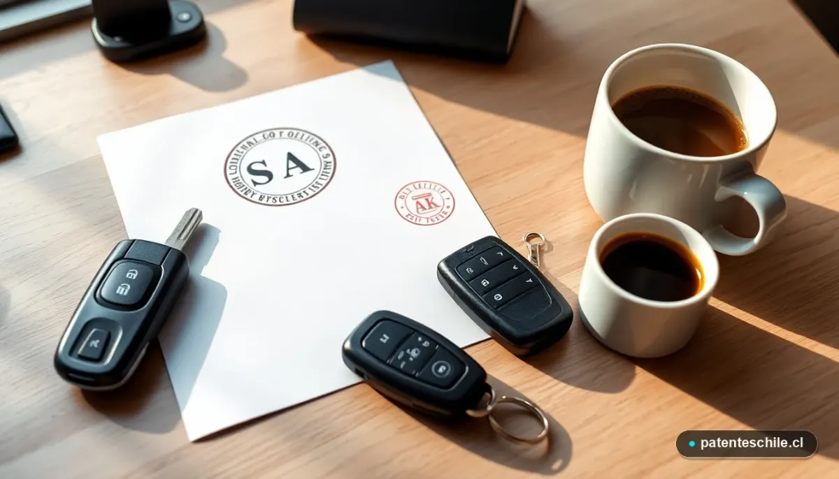 Documentos y llaves de auto sobre un escritorio moderno, representando trámites vehiculares y plazos legales en Chile.