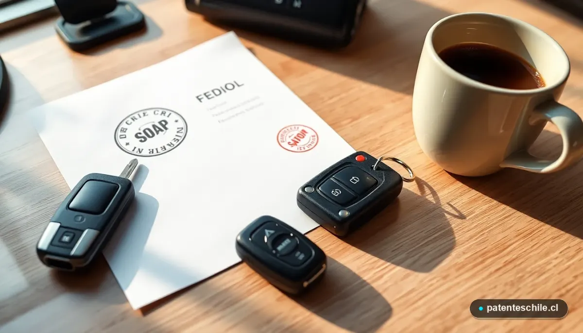 Documentos y llaves de auto sobre escritorio, representando la renovación del seguro SOAP y trámites vehiculares en Chile.