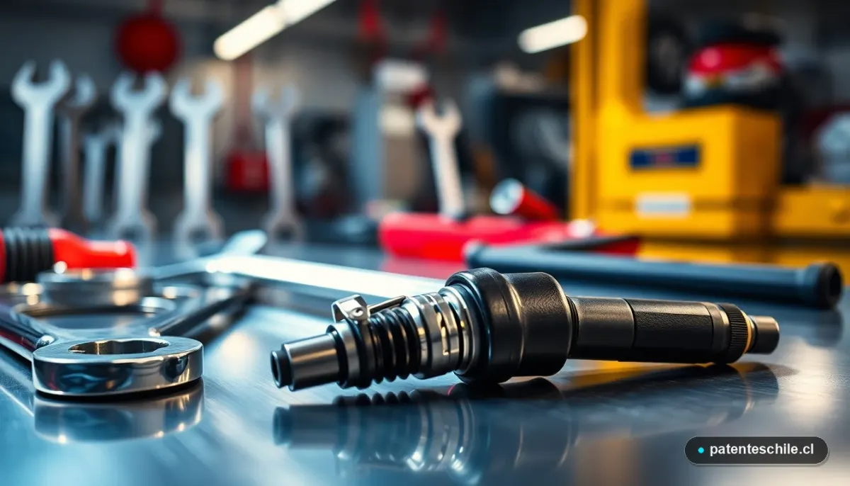 Inyector electrónico y herramientas de diagnóstico sobre banco de trabajo, representando mantenimiento automotriz profesional.