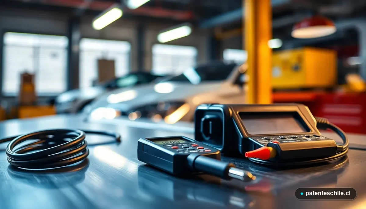 Herramientas de diagnóstico automotriz: scanner OBD2 y multímetro para revisar fallas del sistema ABS.