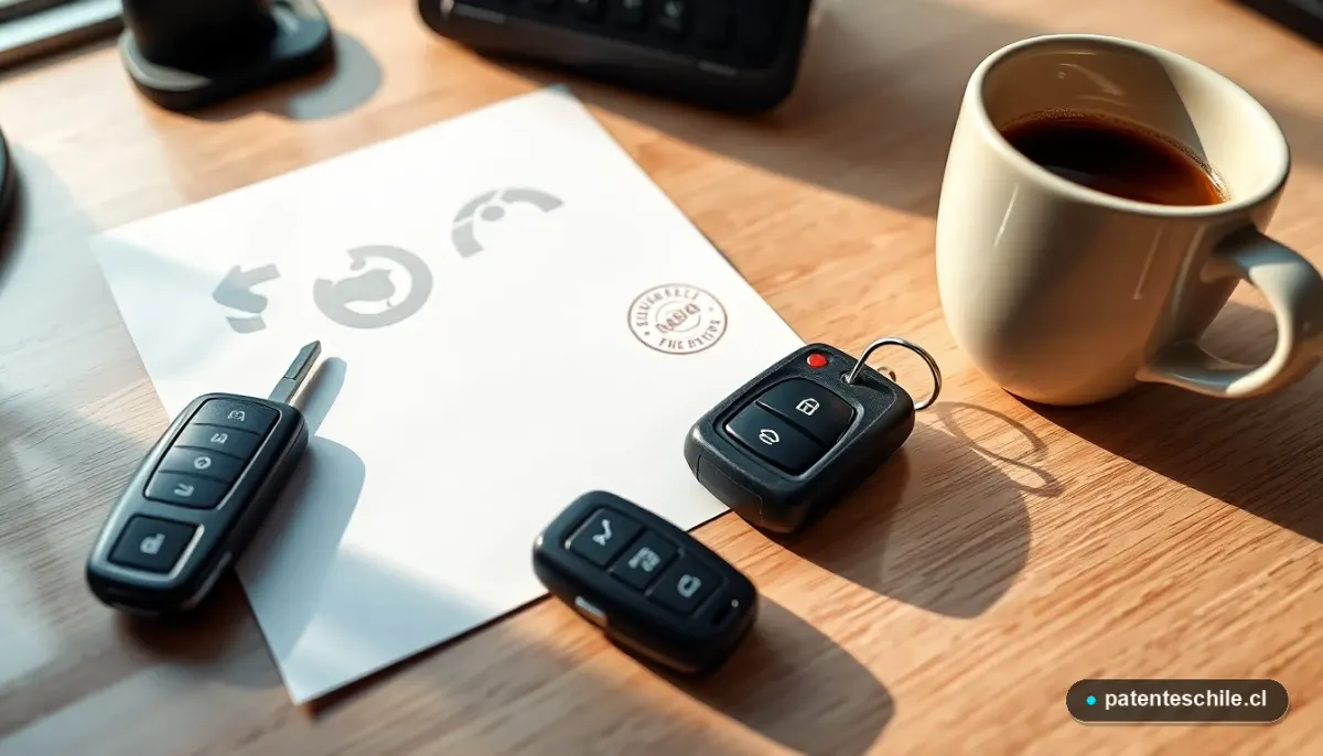 Trámite de transferencia vehicular online en Chile: documentos y llaves sobre escritorio moderno.