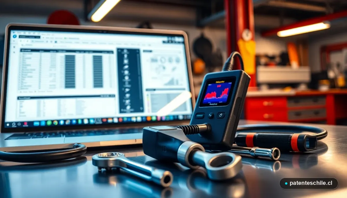 Herramientas y escáner OBD2 para verificar el kilometraje real de un vehículo usado en un taller profesional.